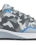 Straight Down Mojave Shoe in Camo Carbon, close-up detail view of the grey camo knit upper with blue accent trim and grey laces