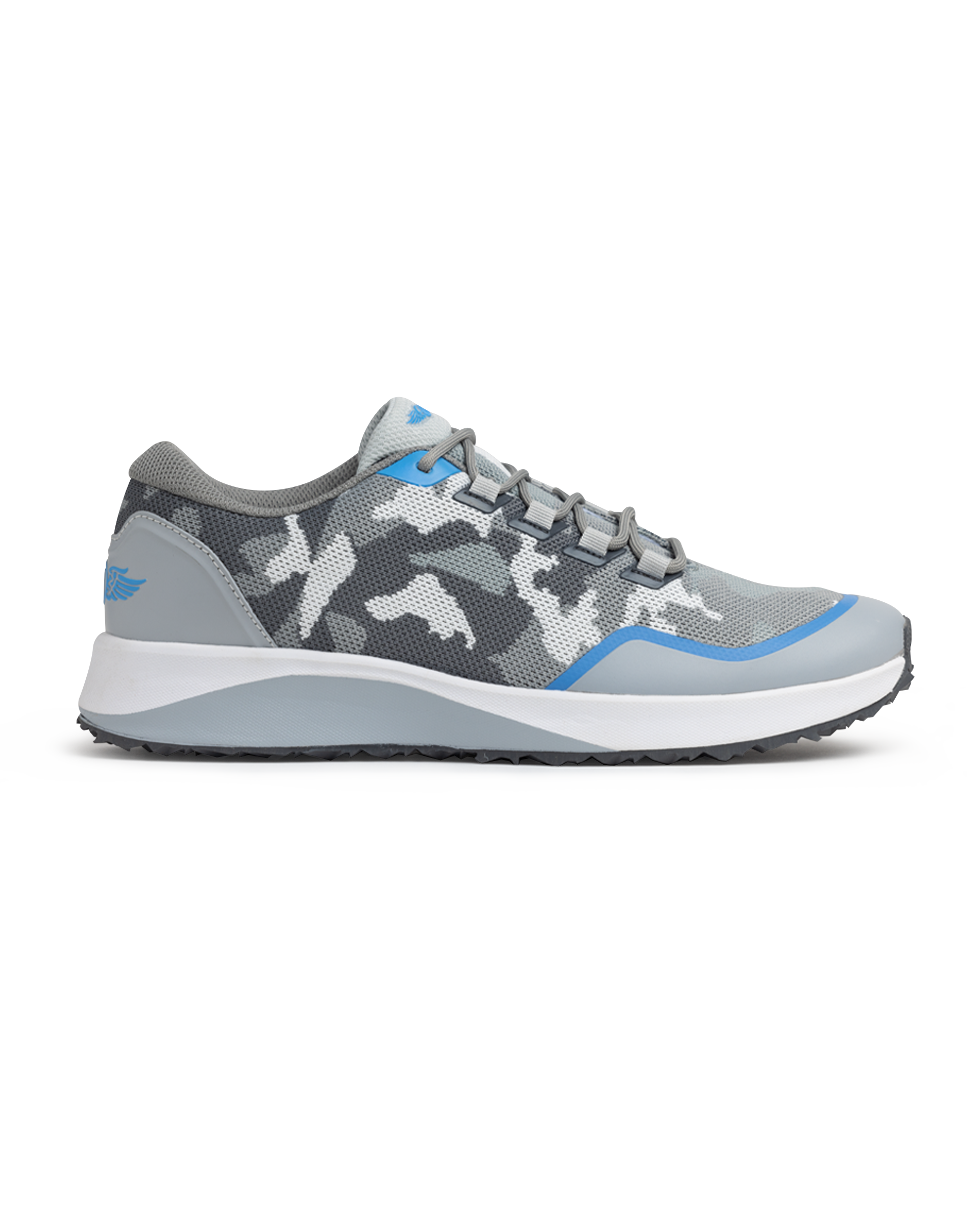 Straight Down Mojave Shoe in Camo Carbon, side view featuring a grey camo knit upper with blue accents, grey laces, and a white and grey sole
