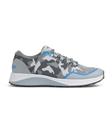 Straight Down Mojave Shoe in Camo Carbon, side view featuring a grey camo knit upper with blue accents, grey laces, and a white and grey sole