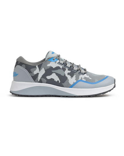 Straight Down Mojave Shoe in Camo Carbon, side view featuring a grey camo knit upper with blue accents, grey laces, and a white and grey sole