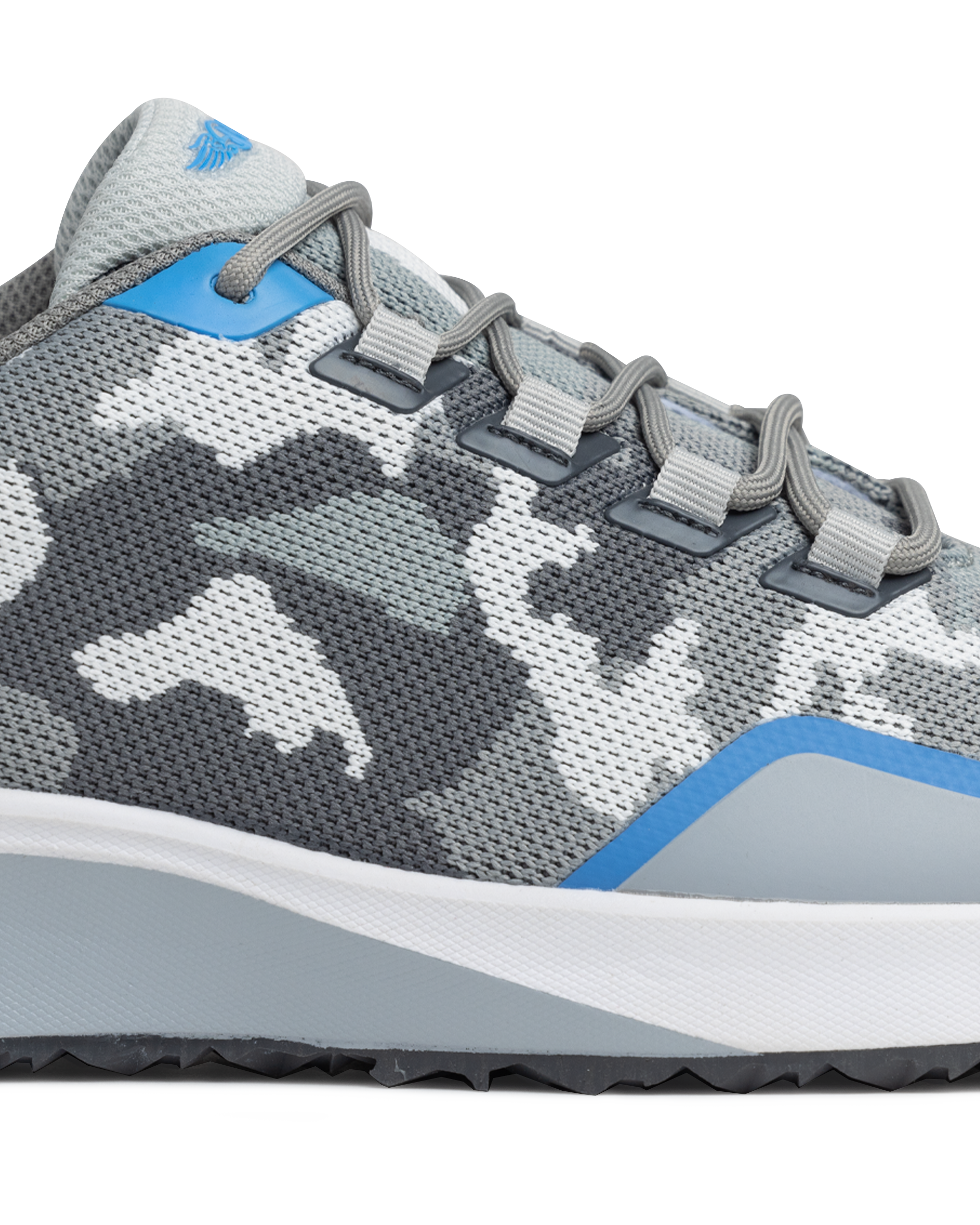 Straight Down Mojave Shoe in Camo Carbon, close-up detail view of the grey camo knit upper with blue accent trim and grey laces
