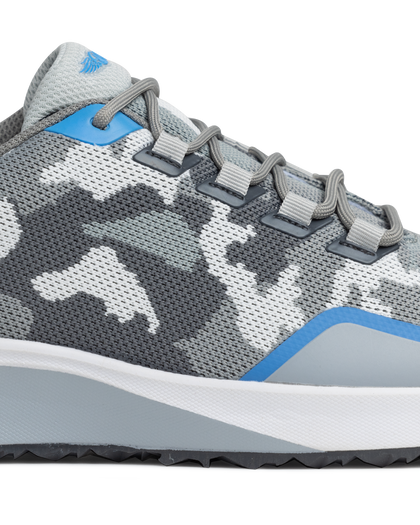 Straight Down Mojave Shoe in Camo Carbon, close-up detail view of the grey camo knit upper with blue accent trim and grey laces