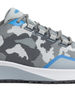 Straight Down Mojave Shoe in Camo Carbon, close-up detail view of the grey camo knit upper with blue accent trim and grey laces