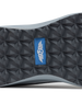 Straight Down Mojave Shoe in Camo Carbon, close-up bottom view of the dark grey geometric textured outsole with Straight Down logo tab in blue
