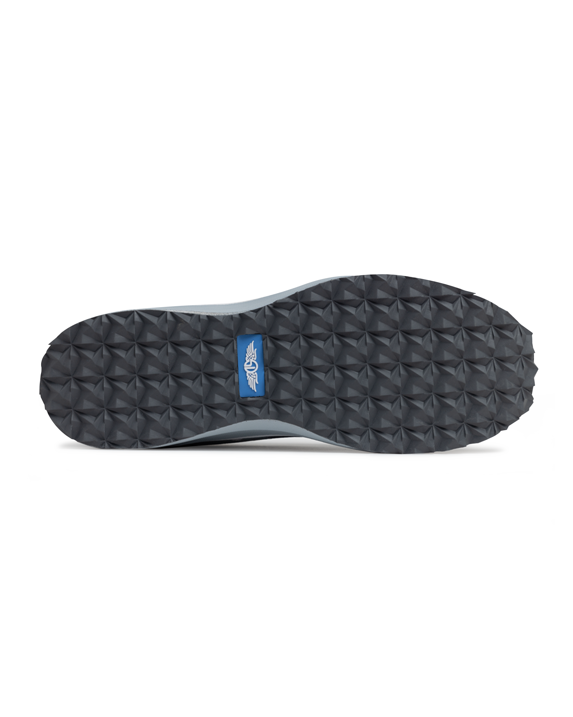 Straight Down Mojave Shoe in Camo Carbon, bottom view featuring a dark grey geometric textured outsole with Straight Down logo tab in blue