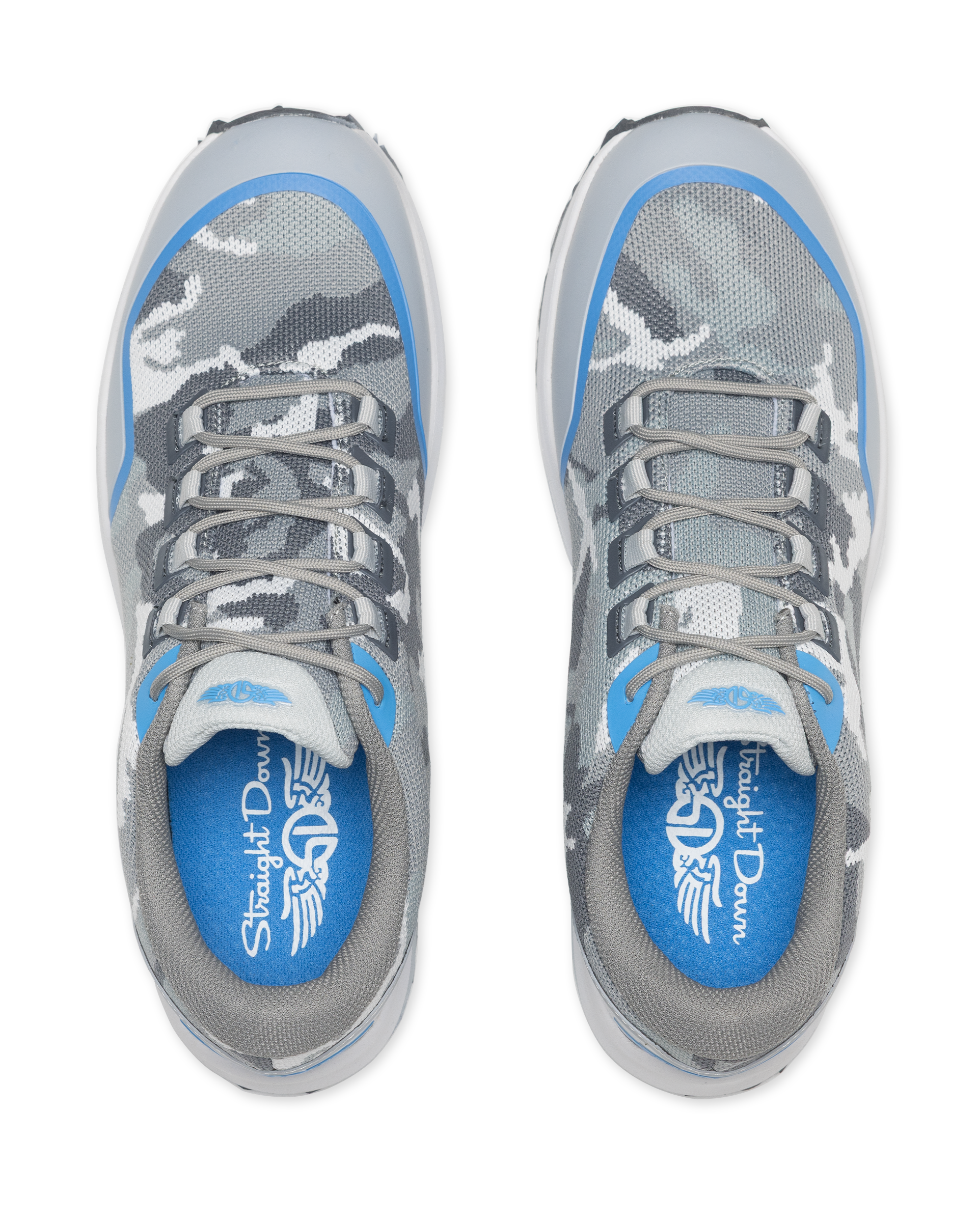 Straight Down Mojave Shoe in Camo Carbon, top view of a pair featuring grey camo knit upper with blue accents and Straight Down branded blue insole