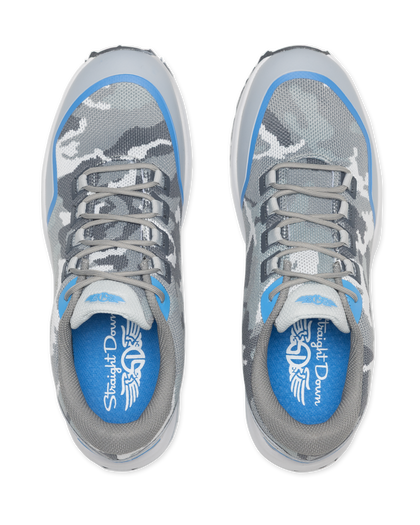 Straight Down Mojave Shoe in Camo Carbon, top view of a pair featuring grey camo knit upper with blue accents and Straight Down branded blue insole