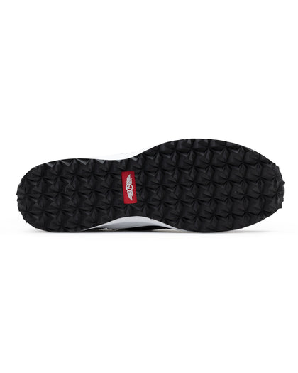 Men's Moonlight Shoe in Charcoal, bottom view featuring a black and charcoal knit upper with charcoal overlays, charcoal ribbed midfoot support cage with SD logo, black laces, a white midsole, and a black outsole