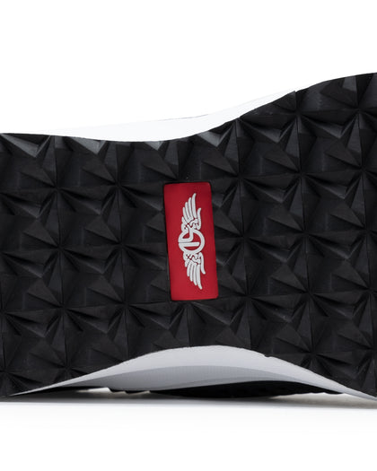 Men's Moonlight Shoe in Charcoal, close up bottom view featuring a black and charcoal knit upper with charcoal overlays, charcoal ribbed midfoot support cage with SD logo, black laces, a white midsole, and a black outsole