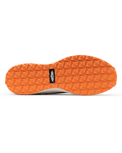Men's Moonlight Shoe in Olive, bottom view featuring a black knit upper with olive overlays, olive ribbed midfoot support cage with SD logo, black laces, a white midsole, and an orange outsole