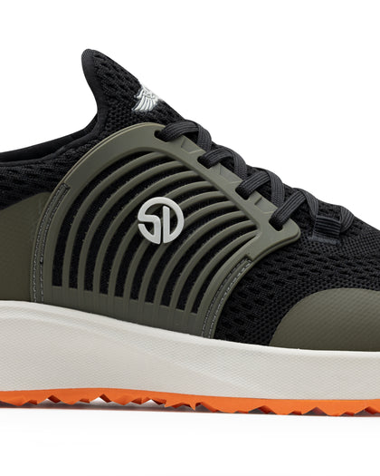 Men's Moonlight Shoe in Olive, close up side view featuring a black knit upper with olive overlays, olive ribbed midfoot support cage with SD logo, black laces, a white midsole, and an orange outsole