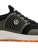 Men's Moonlight Shoe in Olive, close up side view featuring a black knit upper with olive overlays, olive ribbed midfoot support cage with SD logo, black laces, a white midsole, and an orange outsole