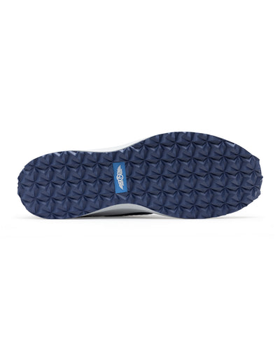 Men's Moonlight Shoe in Scuba, bottom sole view featuring a light blue knit upper with navy overlays, navy ribbed midfoot support cage with SD logo, white laces, and a white midsole