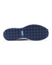 Men's Moonlight Shoe in Scuba, bottom sole view featuring a light blue knit upper with navy overlays, navy ribbed midfoot support cage with SD logo, white laces, and a white midsole