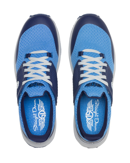 Men's Moonlight Shoe in Scuba, top pair view featuring a light blue knit upper with navy overlays, navy ribbed midfoot support cage with SD logo, white laces, and a white midsole