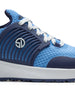 Men's Moonlight Shoe in Scuba, close up side view featuring a light blue knit upper with navy overlays, navy ribbed midfoot support cage with SD logo, white laces, and a white midsole