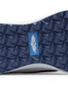 Men's Moonlight Shoe in Scuba, close up bottom view featuring a light blue knit upper with navy overlays, navy ribbed midfoot support cage with SD logo, white laces, and a white midsole