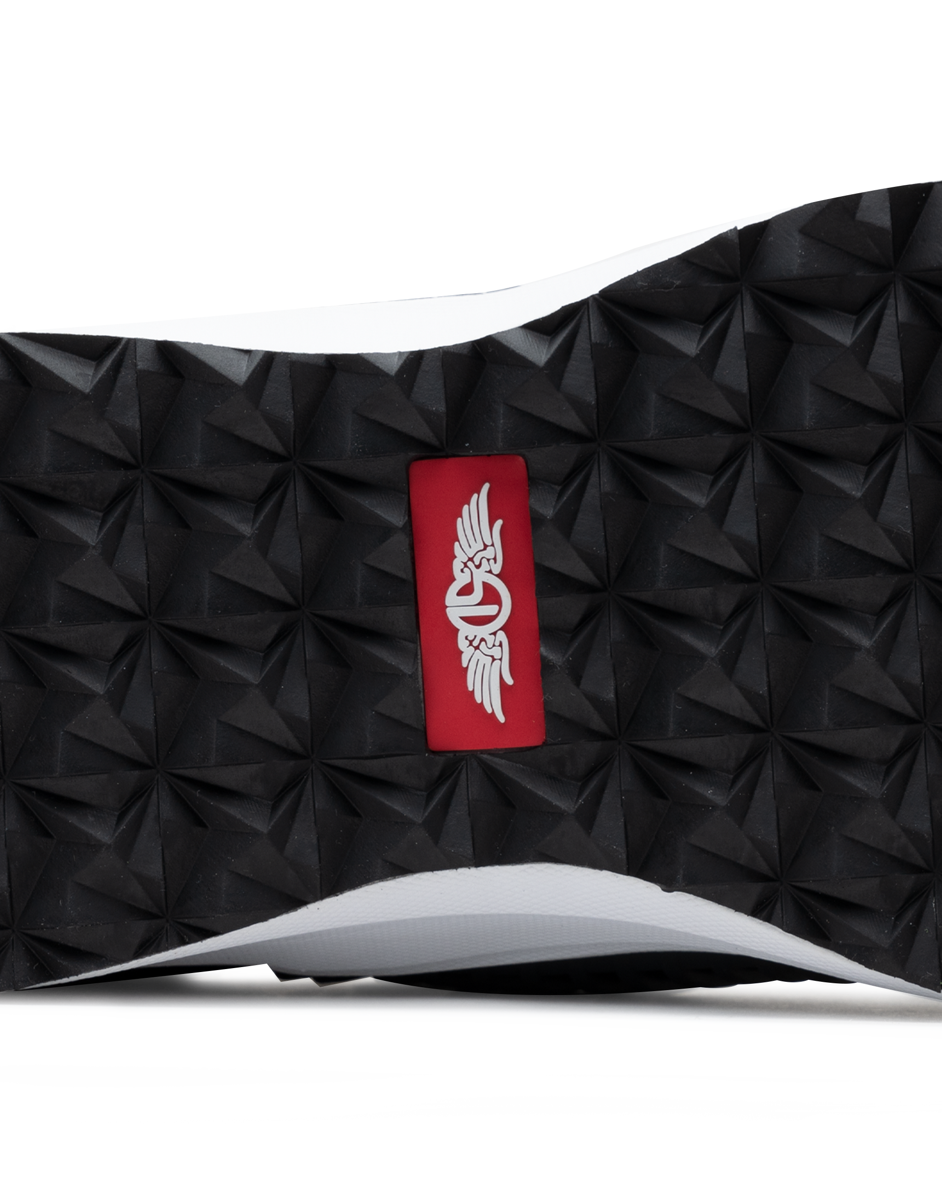 Men's Moonlight Shoe in Charcoal, close up bottom view featuring a black and charcoal knit upper with charcoal overlays, charcoal ribbed midfoot support cage with SD logo, black laces, a white midsole, and a black outsole