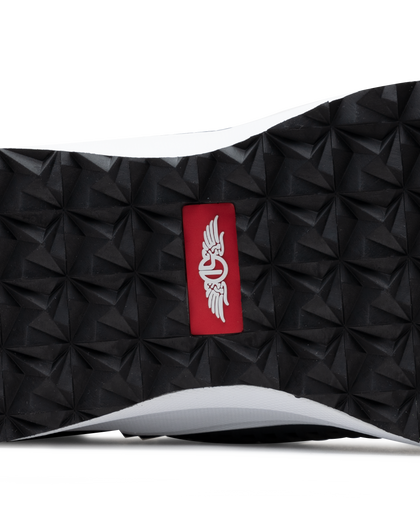 Men's Moonlight Shoe in Charcoal, close up bottom view featuring a black and charcoal knit upper with charcoal overlays, charcoal ribbed midfoot support cage with SD logo, black laces, a white midsole, and a black outsole