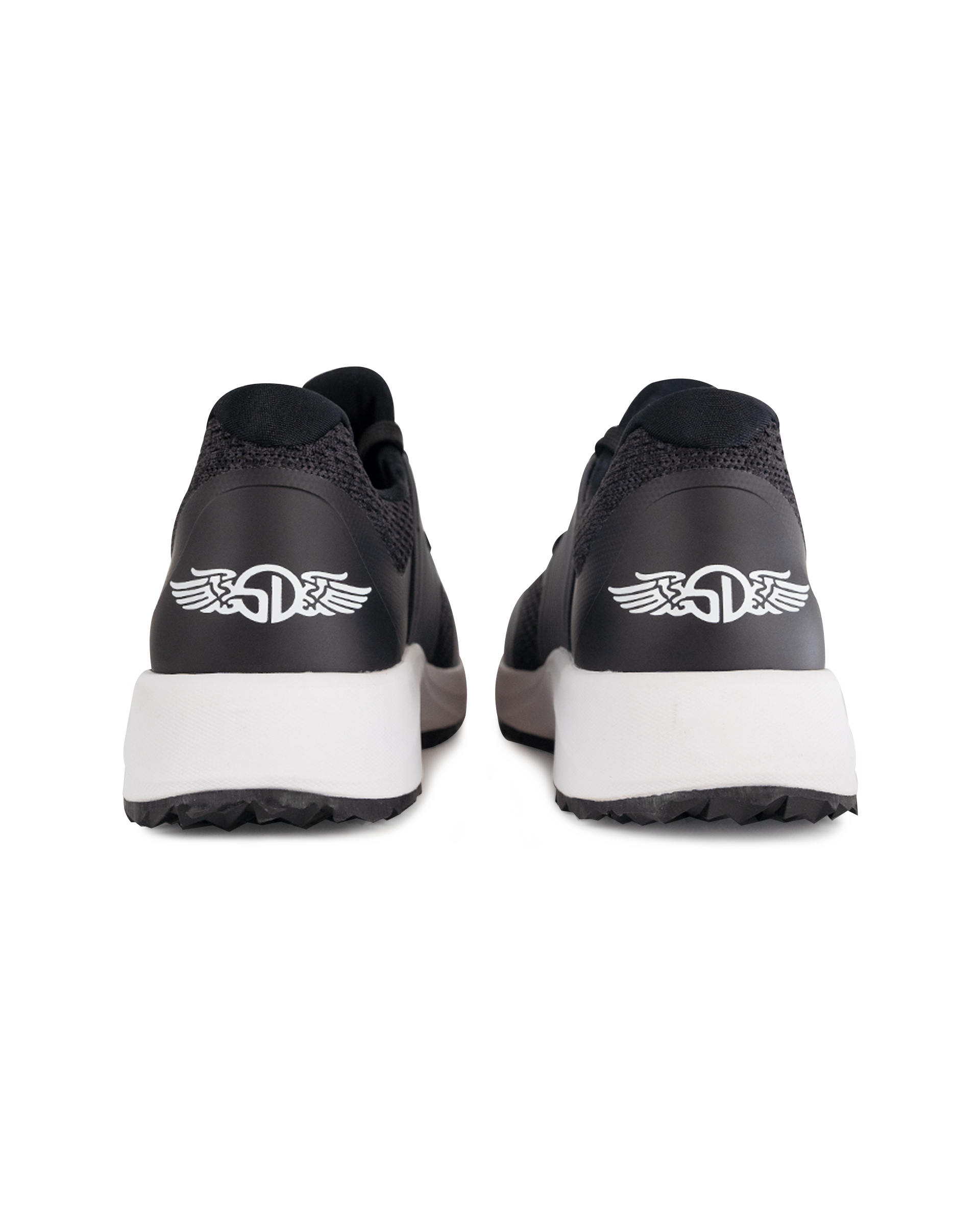 Men's Moonlight Shoe in Charcoal, heel view featuring a black and charcoal knit upper with charcoal overlays, charcoal ribbed midfoot support cage with SD logo, black laces, a white midsole, and a black outsole