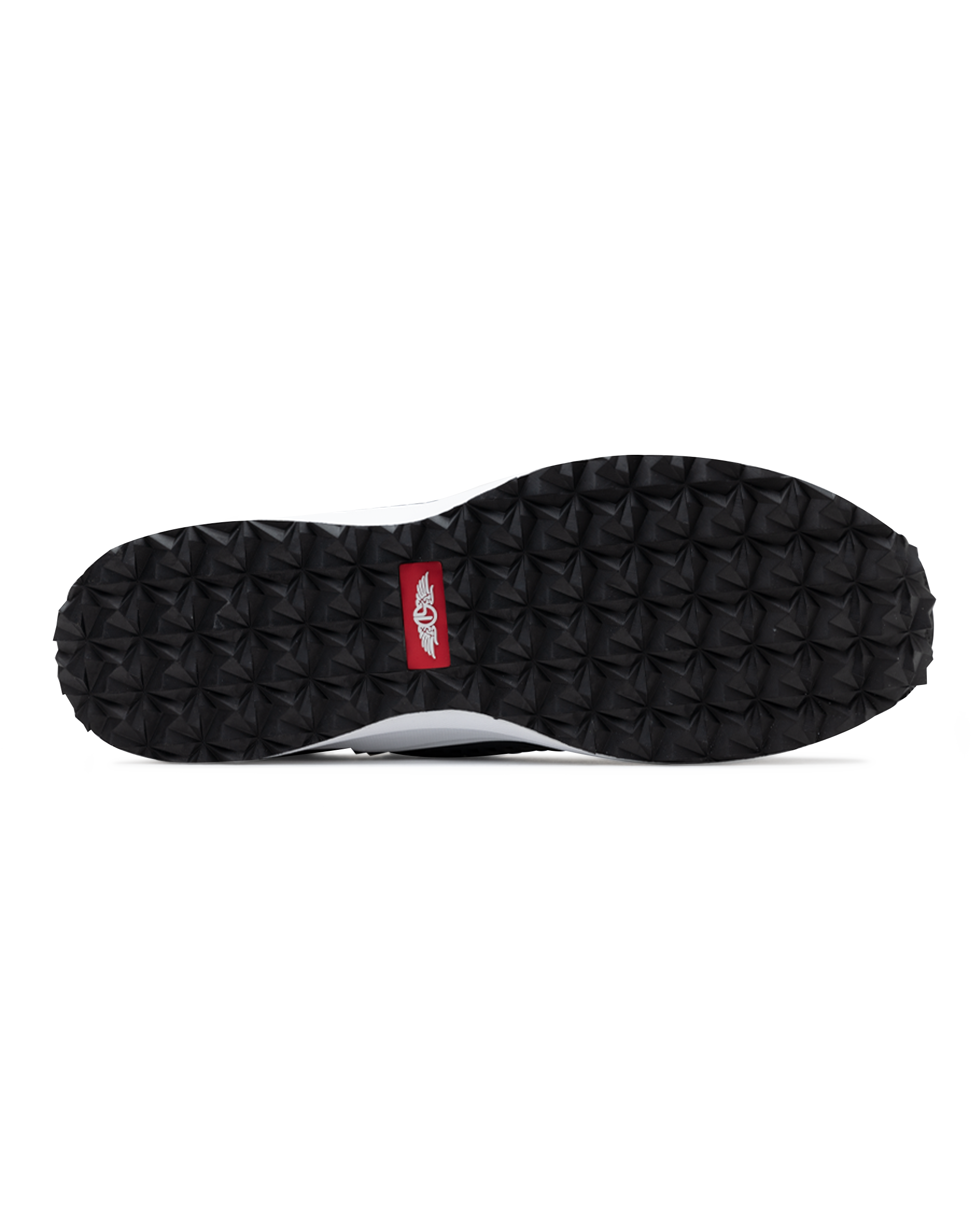 Men's Moonlight Shoe in Charcoal, bottom view featuring a black and charcoal knit upper with charcoal overlays, charcoal ribbed midfoot support cage with SD logo, black laces, a white midsole, and a black outsole
