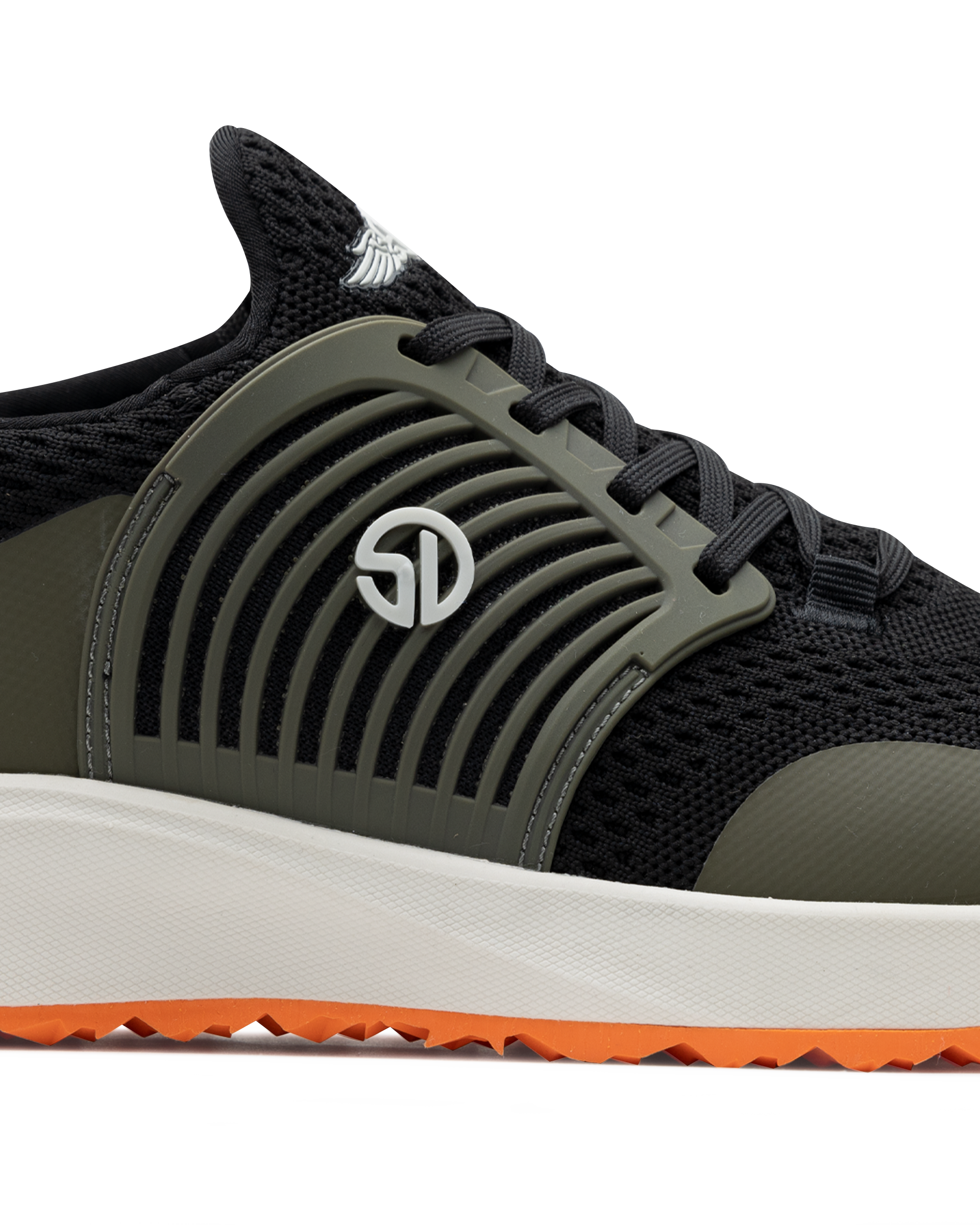 Men's Moonlight Shoe in Olive, close up side view featuring a black knit upper with olive overlays, olive ribbed midfoot support cage with SD logo, black laces, a white midsole, and an orange outsole
