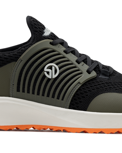 Men's Moonlight Shoe in Olive, close up side view featuring a black knit upper with olive overlays, olive ribbed midfoot support cage with SD logo, black laces, a white midsole, and an orange outsole