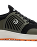 Men's Moonlight Shoe in Olive, close up side view featuring a black knit upper with olive overlays, olive ribbed midfoot support cage with SD logo, black laces, a white midsole, and an orange outsole