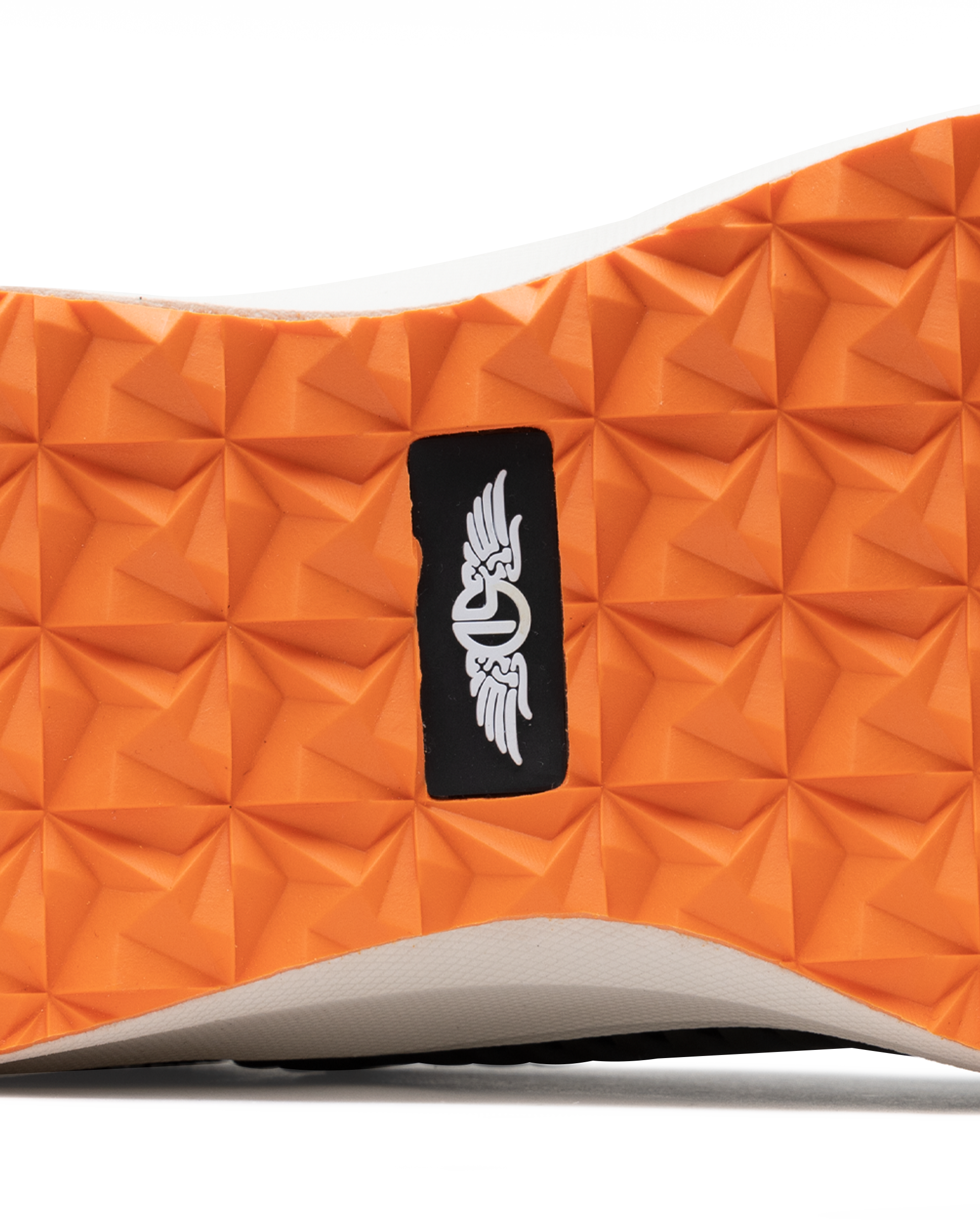 Men's Moonlight Shoe in Olive, close up bottom view featuring a black knit upper with olive overlays, olive ribbed midfoot support cage with SD logo, black laces, a white midsole, and an orange outsole