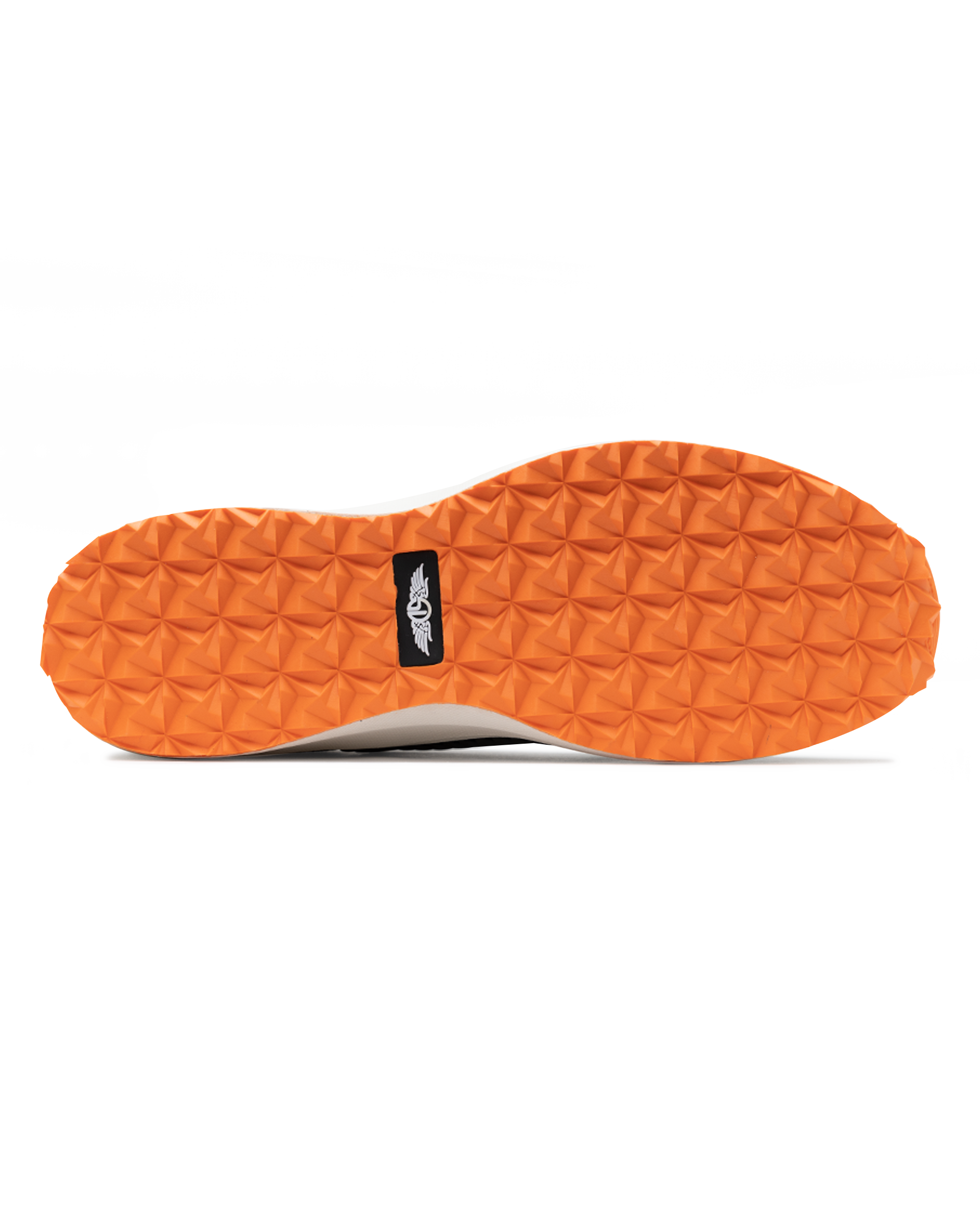 Men's Moonlight Shoe in Olive, bottom view featuring a black knit upper with olive overlays, olive ribbed midfoot support cage with SD logo, black laces, a white midsole, and an orange outsole