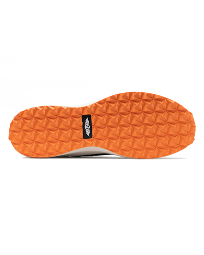Men's Moonlight Shoe in Olive, bottom view featuring a black knit upper with olive overlays, olive ribbed midfoot support cage with SD logo, black laces, a white midsole, and an orange outsole