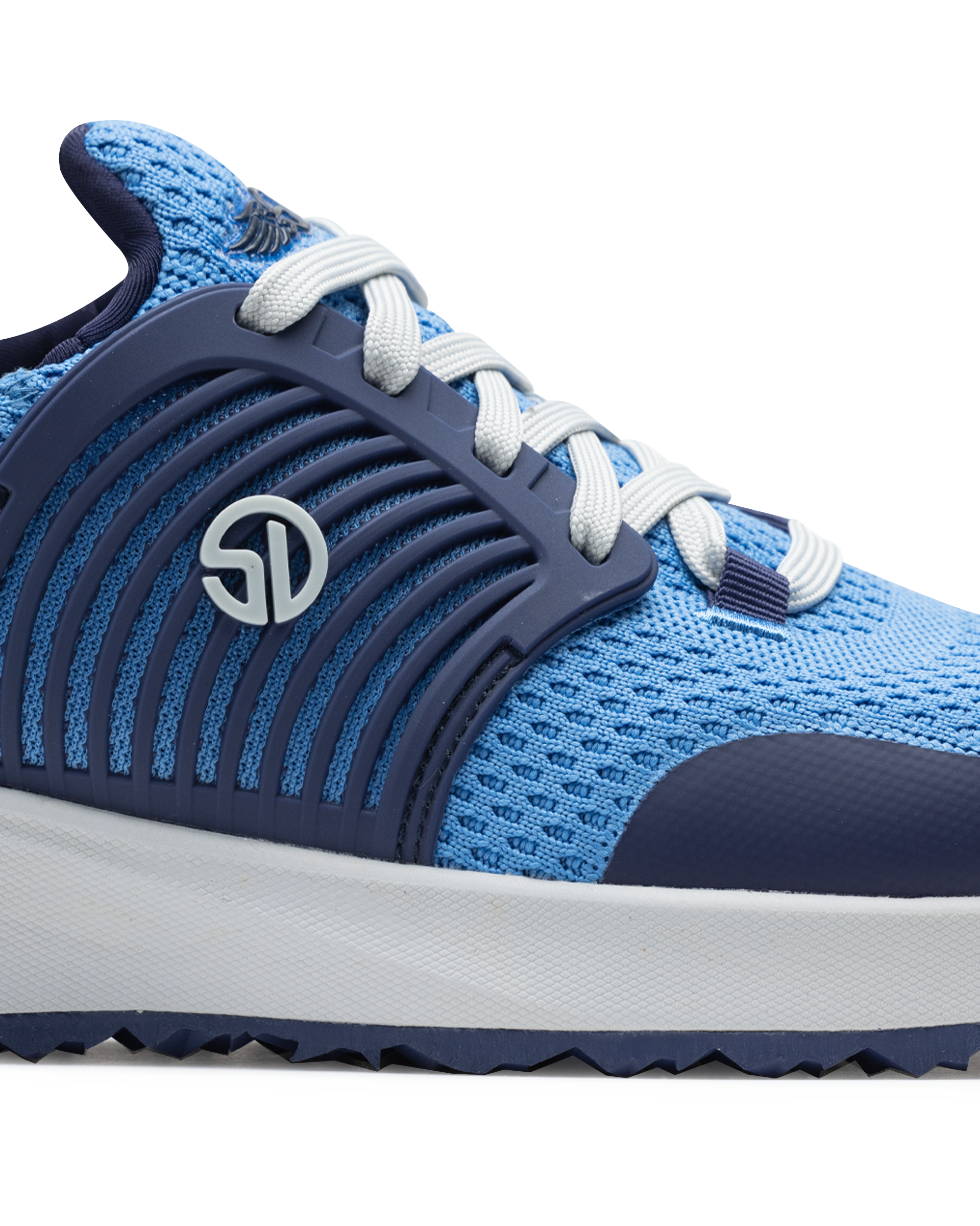 Straight Down Women's Moonlight Shoe in Scuba, close-up side view featuring light blue knit upper with navy ribbed overlay and Straight Down logo badge