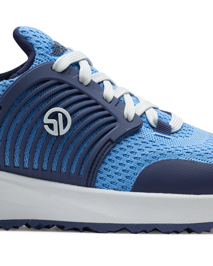 Straight Down Women's Moonlight Shoe in Scuba, close-up side view featuring light blue knit upper with navy ribbed overlay and Straight Down logo badge