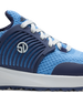Straight Down Women's Moonlight Shoe in Scuba, close-up side view featuring light blue knit upper with navy ribbed overlay and Straight Down logo badge