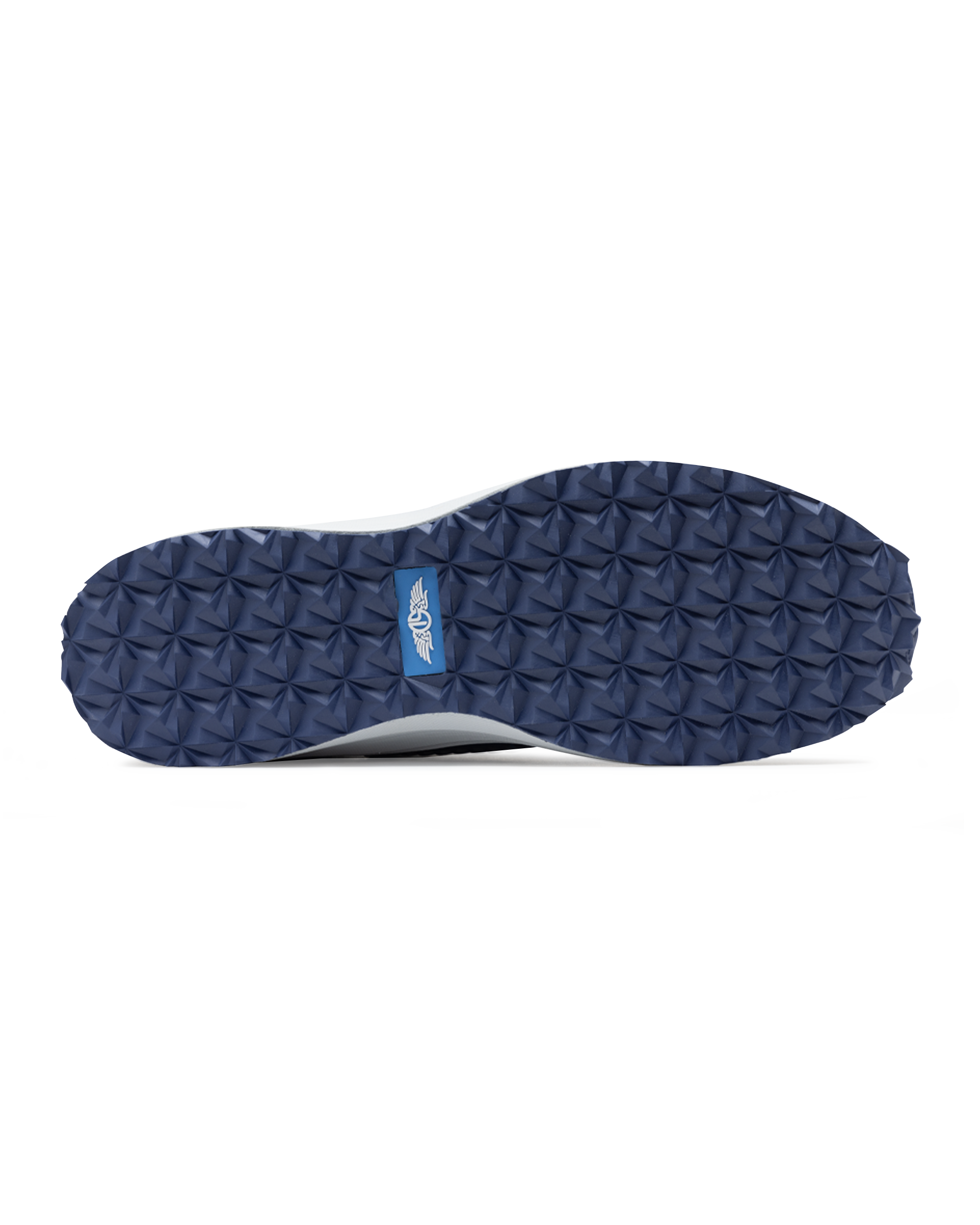 Straight Down Women's Moonlight Shoe in Scuba, bottom view featuring a navy traction outsole with geometric grip pattern and blue Straight Down logo badge at arch