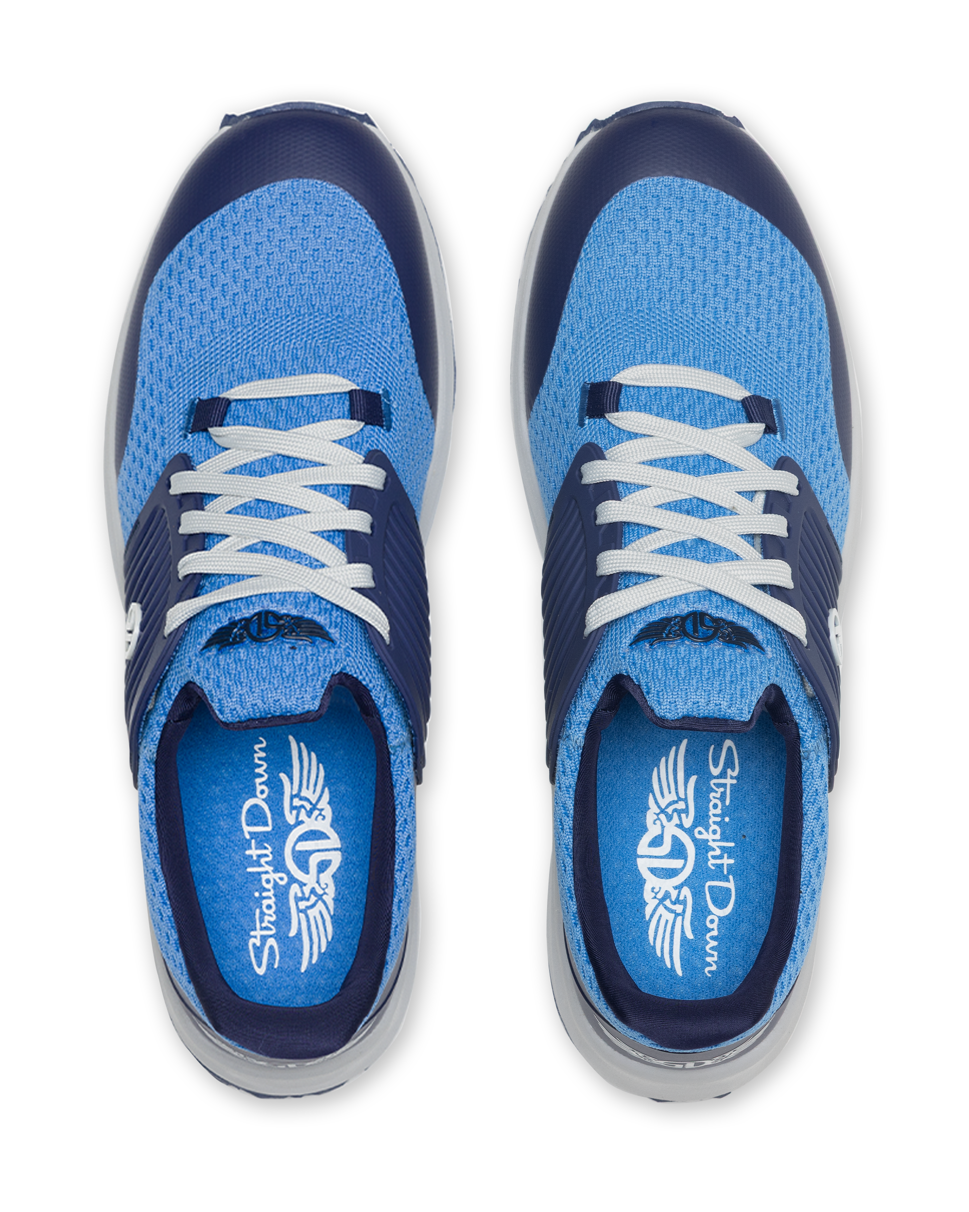 Straight Down Women's Moonlight Shoe in Scuba, top down view featuring a light blue knit upper with navy ribbed overlay, white laces, and Straight Down branded insole