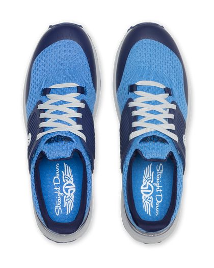 Straight Down Women's Moonlight Shoe in Scuba, top down view featuring a light blue knit upper with navy ribbed overlay, white laces, and Straight Down branded insole