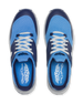Straight Down Women's Moonlight Shoe in Scuba, top down view featuring a light blue knit upper with navy ribbed overlay, white laces, and Straight Down branded insole
