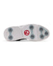 Straight Down Club Golf Shoe in Carbon, bottom view showing white outsole with grey traction cleats and Straight Down logo in red