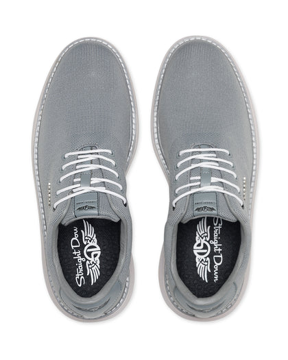 Straight Down Club Golf Shoe in Carbon, top-down view of a pair showing grey knit upper, white laces, and Straight Down branded insole