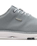 Straight Down Club Golf Shoe in Carbon, close-up side view showing grey knit upper texture, white laces, and silver Straight Down logo detail