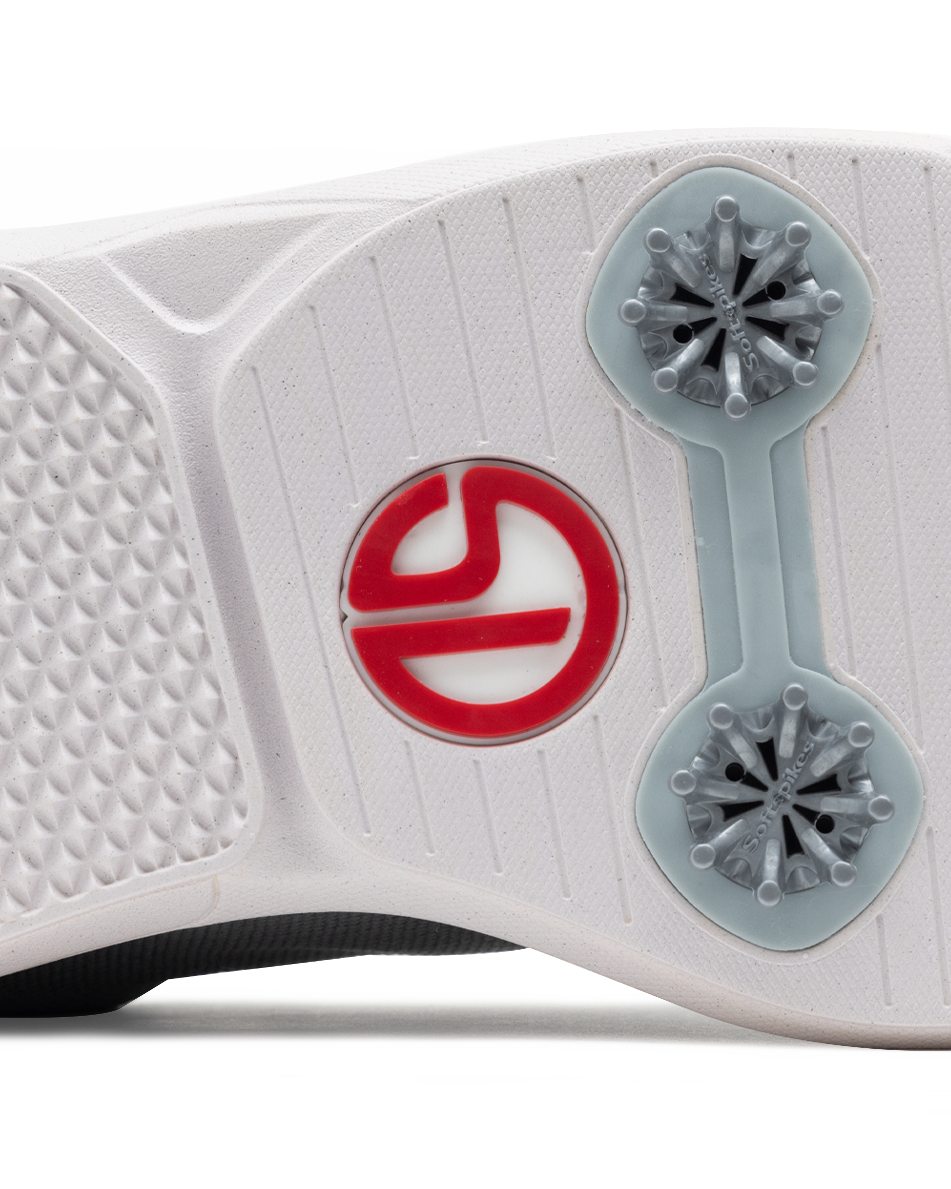 Close-up of a white athletic shoe sole showing a red Straight Down logo and gray spiked outsole details on a white background.