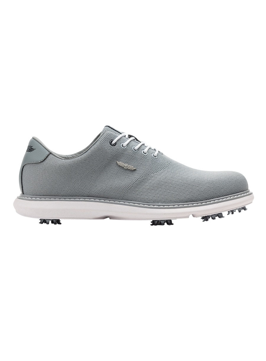 Straight Down Club Golf Shoe in Carbon, side view showing grey knit upper with white laces, silver Straight Down logo, grey heel collar, and white spiked outsole