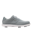 Straight Down Club Golf Shoe in Carbon, side view showing grey knit upper with white laces, silver Straight Down logo, grey heel collar, and white spiked outsole