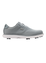 Straight Down Club Golf Shoe in Carbon, side view showing grey knit upper with white laces, silver Straight Down logo, grey heel collar, and white spiked outsole