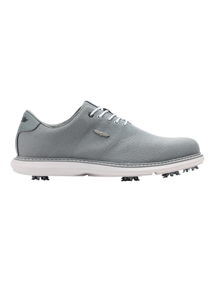 Straight Down Club Golf Shoe in Carbon, side view showing grey knit upper with white laces, silver Straight Down logo, grey heel collar, and white spiked outsole