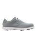 Straight Down Club Golf Shoe in Carbon, side view showing grey knit upper with white laces, silver Straight Down logo, grey heel collar, and white spiked outsole