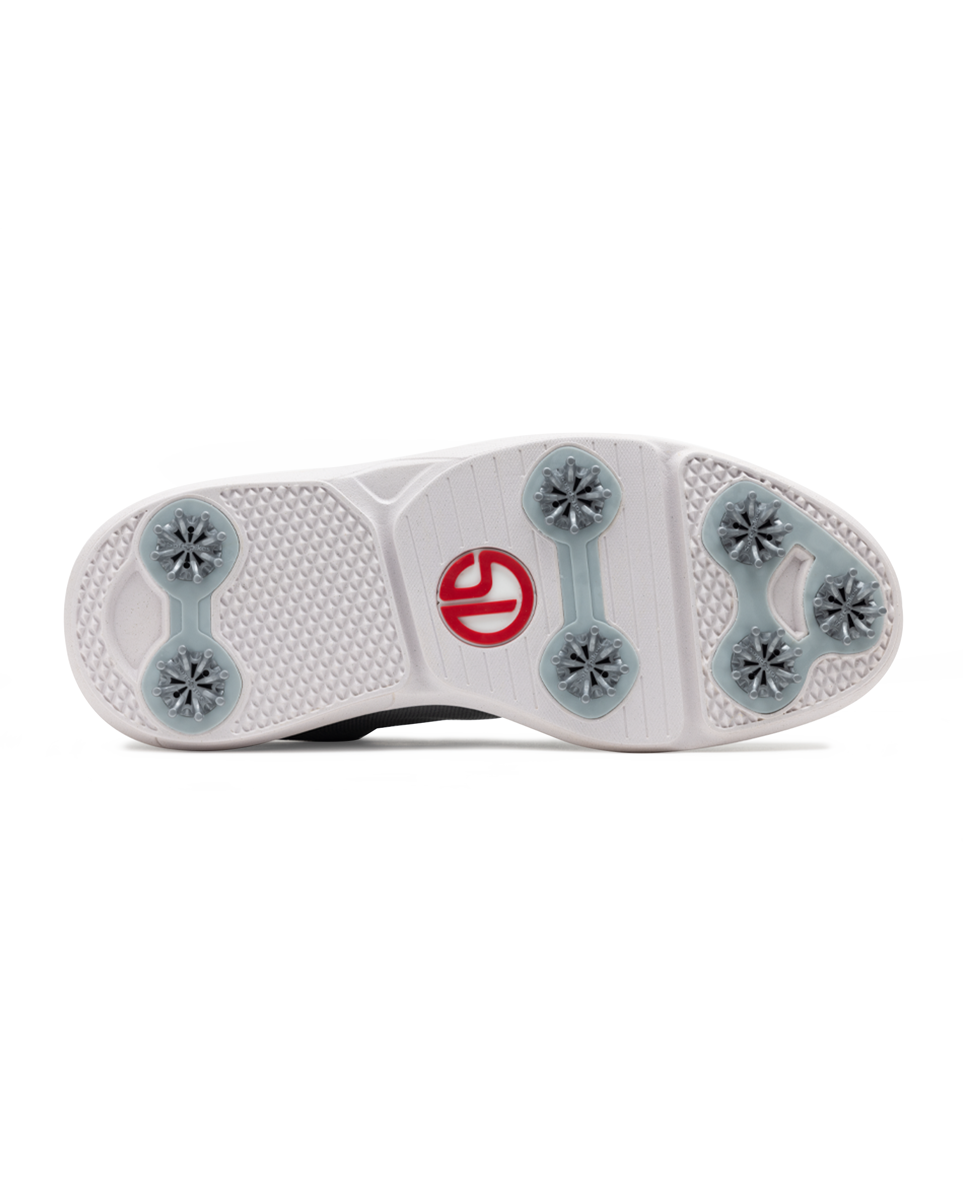 The bottom sole of a golf shoe, featuring a white textured rubber base with gray star-shaped spikes and a red Straight Down logo in the center.