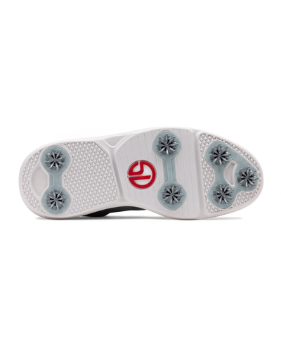 The bottom sole of a golf shoe, featuring a white textured rubber base with gray star-shaped spikes and a red Straight Down logo in the center.