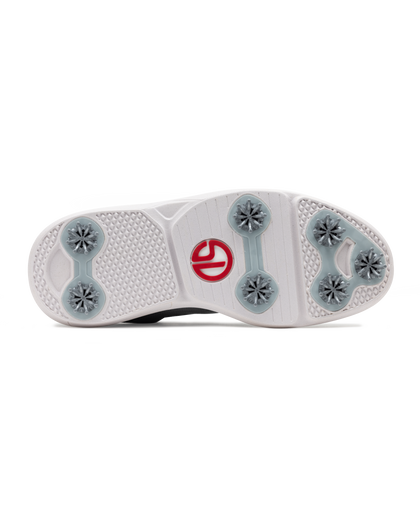 The bottom sole of a golf shoe, featuring a white textured rubber base with gray star-shaped spikes and a red Straight Down logo in the center.